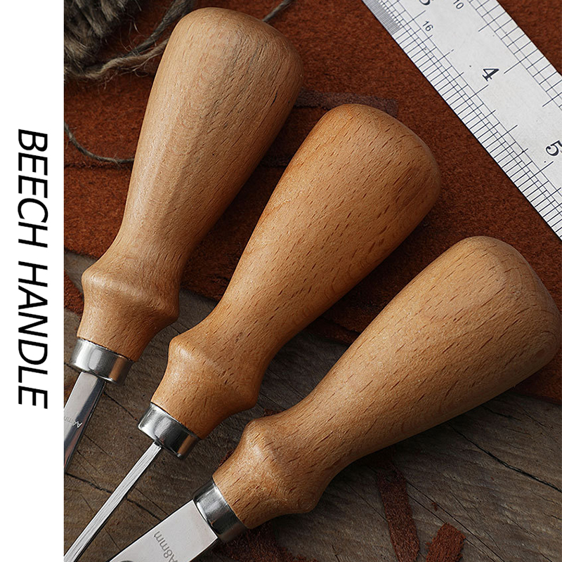 Cuchillo biselador para tallado de cuero, herramienta de corte Manual para cortar bordes, mango de madera, 3 tamaños