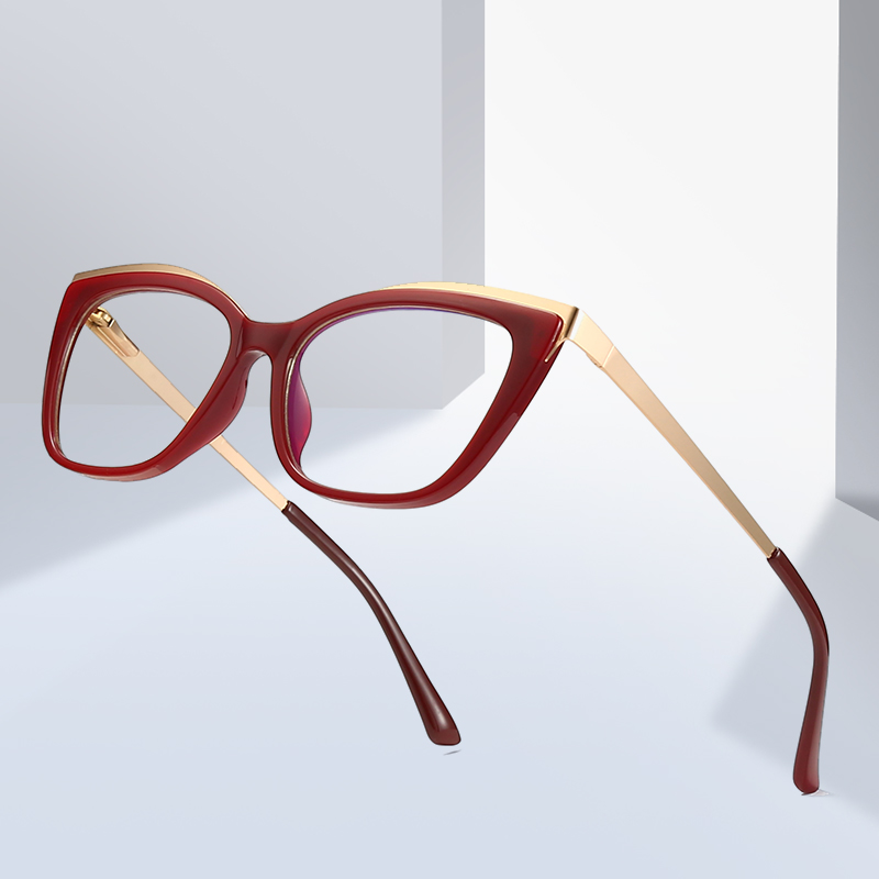 Women Cat Eye Glasses Frame Optical Eyewear Woman Female Full Rim Plastic Front Rim and Alloy Temple Legs