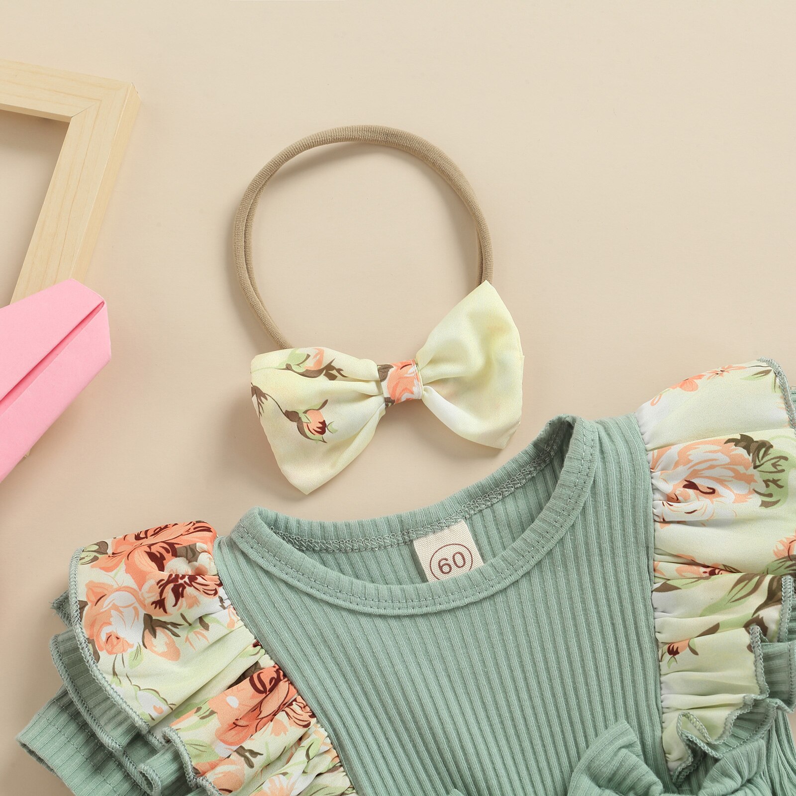 Ensemble 3 pièces pour bébés filles, vêtements imprimés floraux, en coton tricoté, manches courtes, bretelles, bandeau, tenue