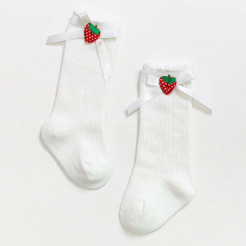 Calcetines largos hasta la rodilla con lazos para bebé, de algodón, Color liso, para primavera y otoño: white