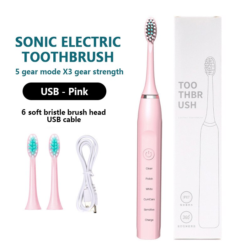 Brosse à dents ultrasonique puissante, Rechargeable par USB, pour adulte, électronique, lavable, facile à détendre,: pink-1