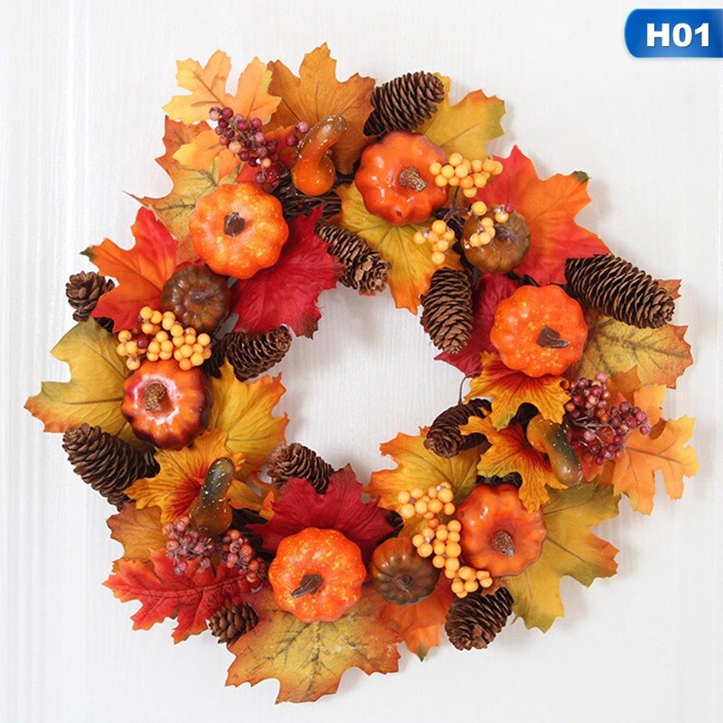 40Cm Kunstmatige Pompoen Krans Herfst Oogst Maple Leaf Zonnebloem Deur Decor Garland Thanksgiving Halloween Party Benodigdheden: Default Title