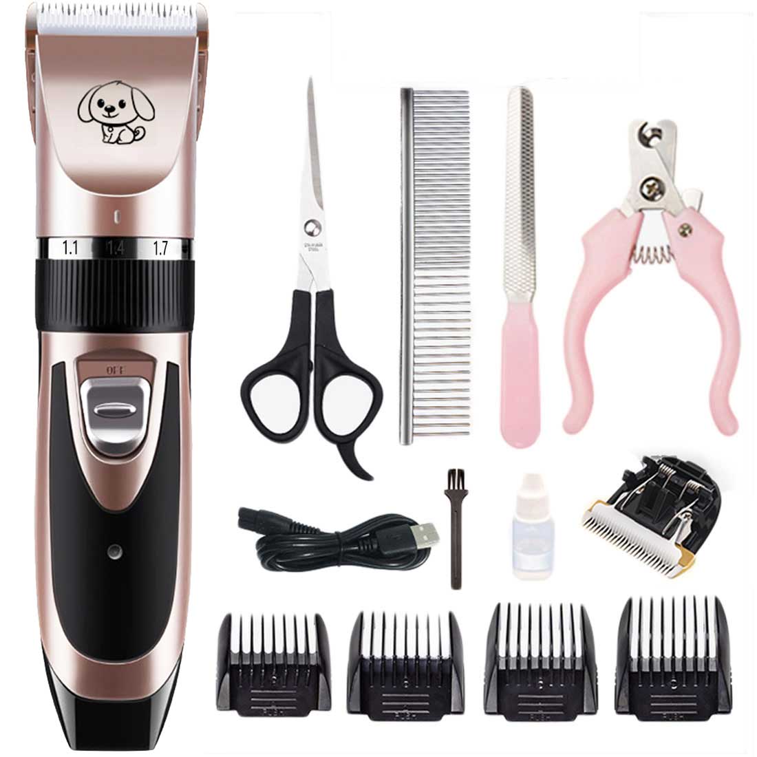 Rechargeable Pet Cat Dog Hair Trimmer Shaver Set Electric Dog Clipper Cat Low-noise Grooming Shaver Cut Machine Set+Spare Blade: Rose gold 6