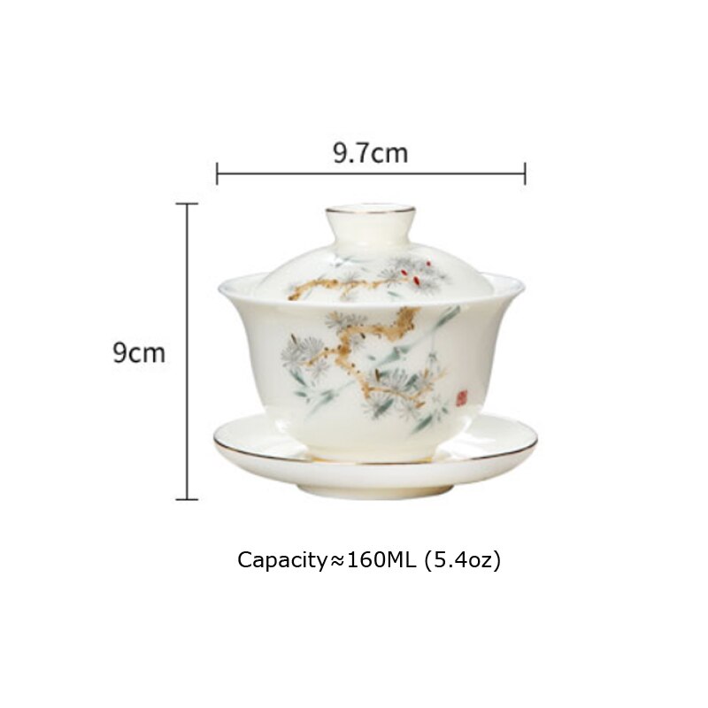 Hand Make Ceramic Tea Tureen White Porcelain Gaiwan Pine Cypress Tea Bowl Cup with Lid Cover Saucer Kit Teacup