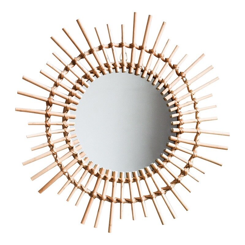 Espejo de ratán para el hogar, espejo artístico con forma de sol, espejo decorativo colgante para pared de salón, Espejos de maquillaje para habitación, decoración de pared de ratán: A