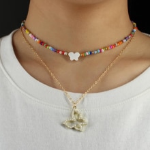 Colorful Beads Choker Women Shiny Pearl Shell Butterfly Pendant Necklace Double Layer Clavicle Chain Jewelry Accessories