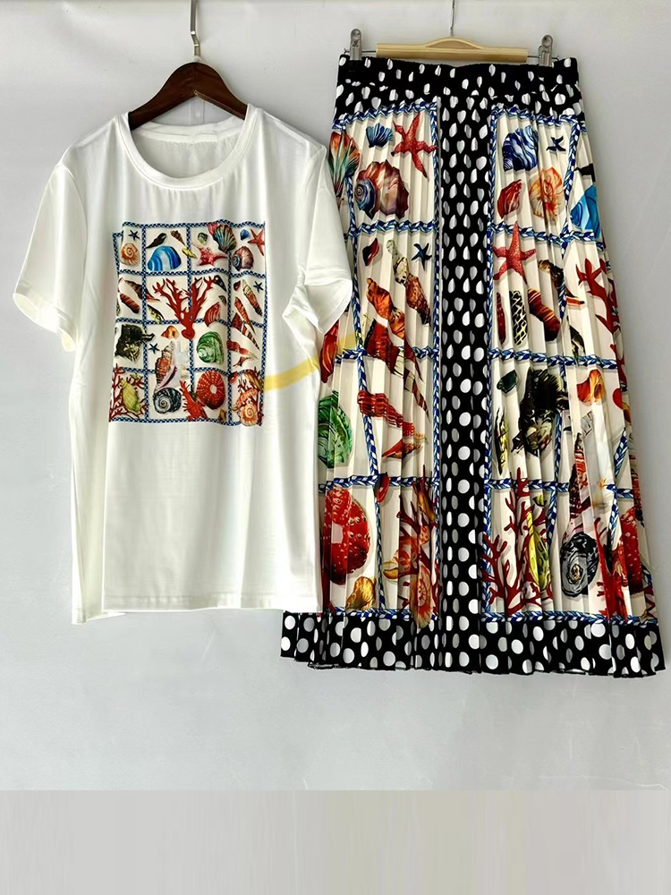Retro sommer neue rundhals kurzarm geometrische druck T-shirt + elastische taille große schaukel rock frauen zwei-stück anzug: M / Rot