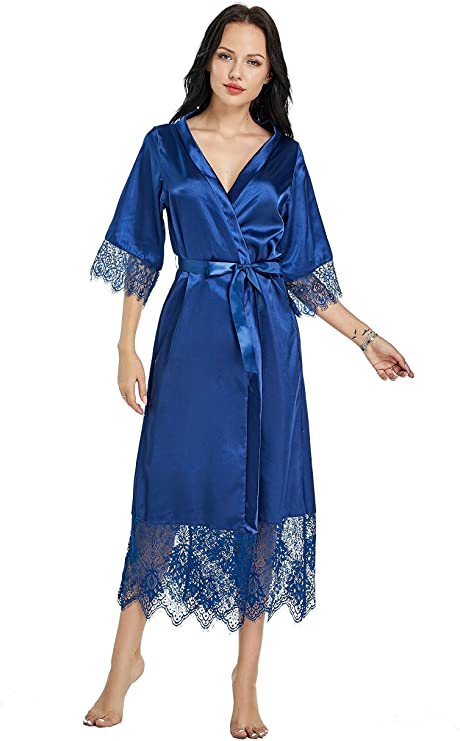 Weiche Nacht Neue die Seide Kimono Kleid Bademantel Frauen Seide Brautjungfer Roben sexy verrotten Roben Satin- Kleid Damen Dressing Kleider: XXXL / Blau