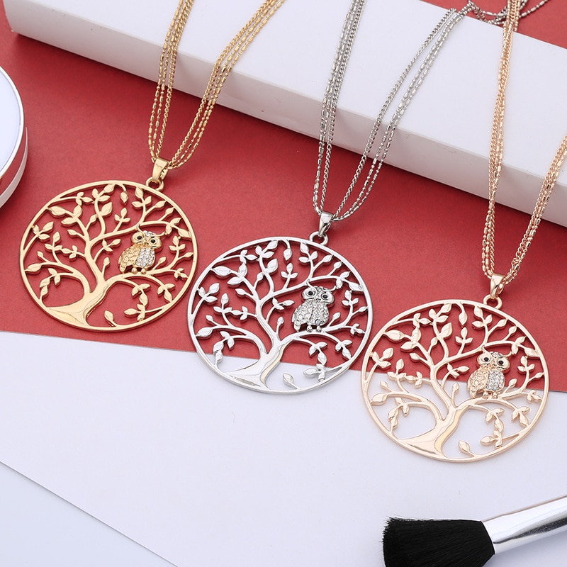 Gold Tree of life Owl Necklace Big Round Pendant Long Chains Sweater Necklace For Women Statement Jewelry Classic Collier