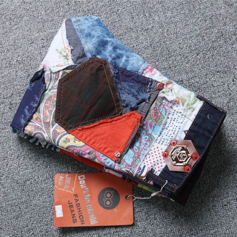 Farverige splejsede jeans mænd denim buksemærke slim fit jeans casual show denim joggers macacao masculino jeans