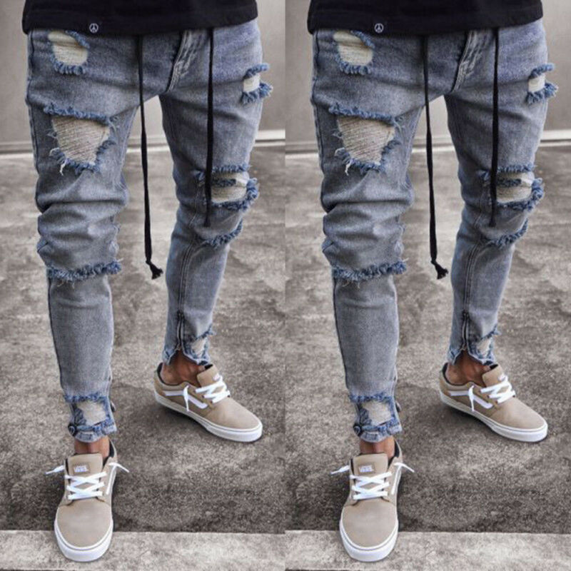 Menn jeans bukser Mann revet syklist jeans frynsete bukser uformelt slank passe jogger dongeribukser