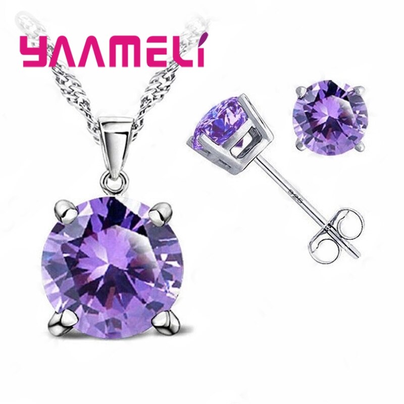 Classic Wedding Jewelry Cubic Zirconia Good 925 Sterling Silver Jewelry Sets Stud Earring Pendant Necklace Set: purple