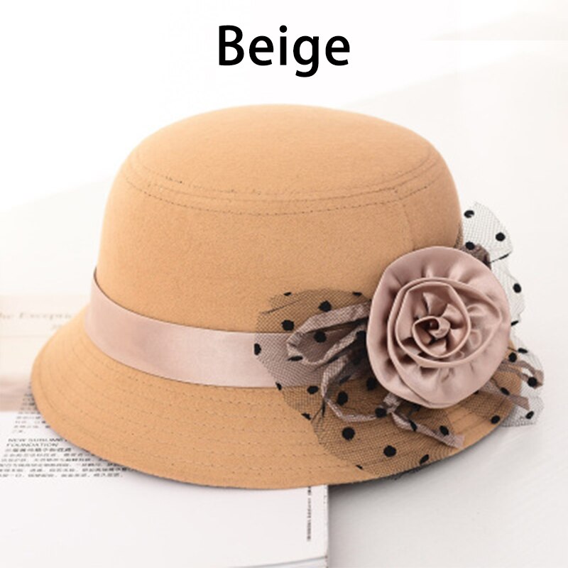 Ladies Formal Fedora Bowler Hats Vintage Women Hat Imitation Woolen Flower Autumn Winter Keep Warm Bucket Cap: Beige