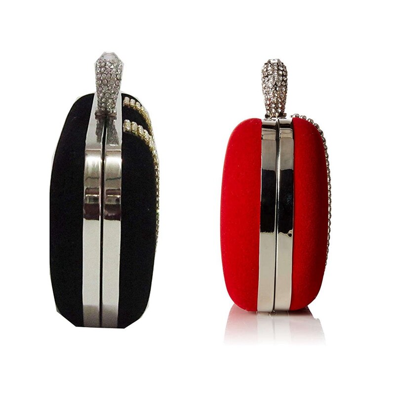 2x Suede Velvet Rhinestone Stud One Ring Decor Evening Cocktail Clutch Bag(Red&Black)