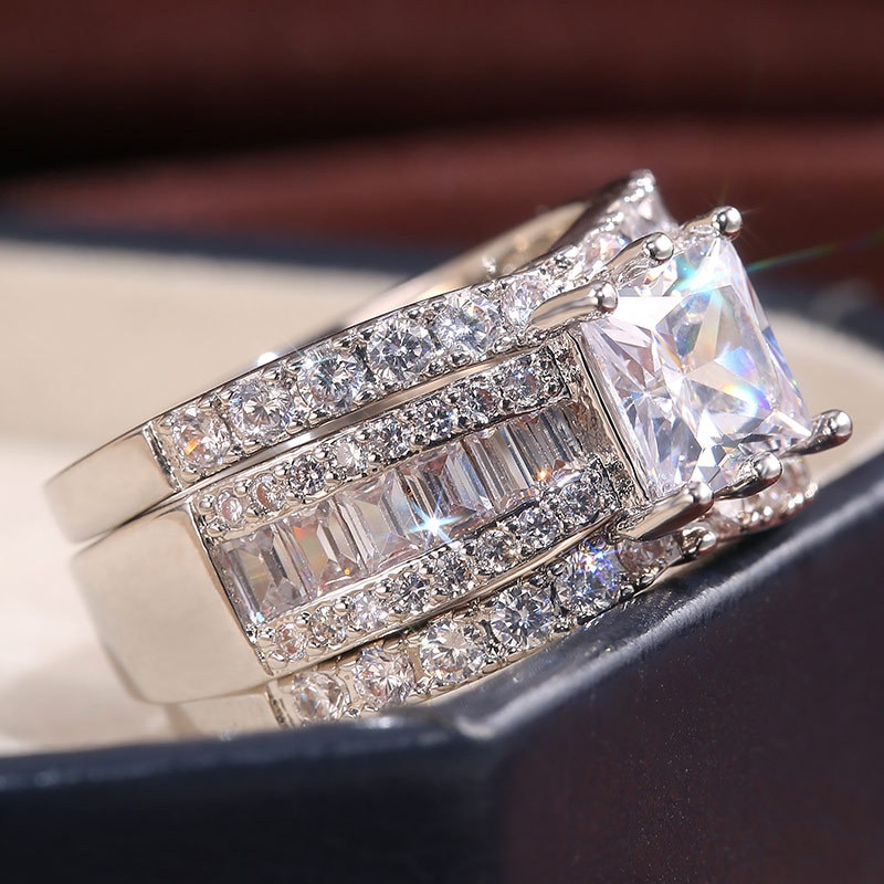 luxury princess 925 sterling silver wedding ring set for women lady anniversary jewelry bulk sell R5869