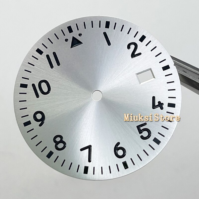 33.8Mm Zilver Kleur Horloge Onderdelen Steriele Sunburst Steel Wijzerplaat Fit NH35 Uurwerk Gezicht Groene Lichtgevende Marks Datum Venster