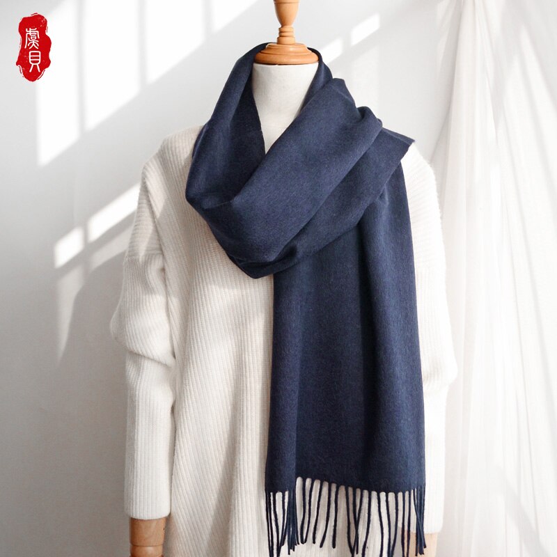 Granatowy niebieski wełna szalik kobiety wąskie małe kaszmirowe chustki mężczyźni miękkie szyk moda cienkie ciepłe jednolity kolor szal prezent dla pań dziewczyna
