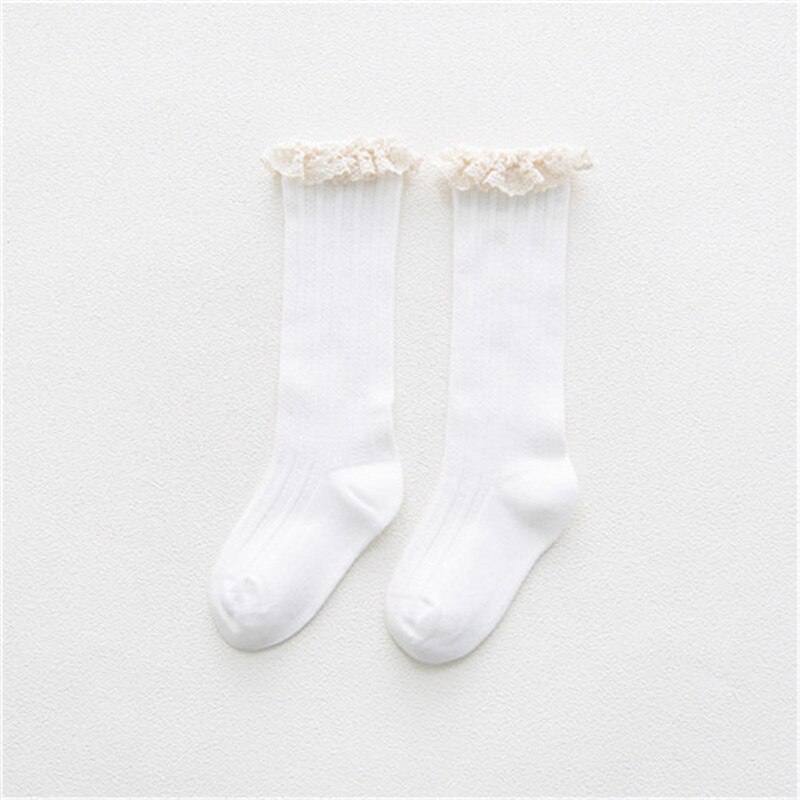 Calcetines hasta la rodilla con volantes de encaje para niños y niñas, medias largas y suaves de algodón, calentadores de piernas de 1 a 8 años, novedad: White / 3-5Years(M)