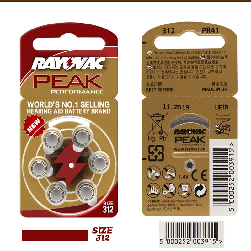 30Pcs Rayovac Piek Prestaties Gehoorapparaat Batterij Zink Air 1.4V A312 312A ZA312 E312 PR41 Batterijen Voor Gehoor aid Ear Care