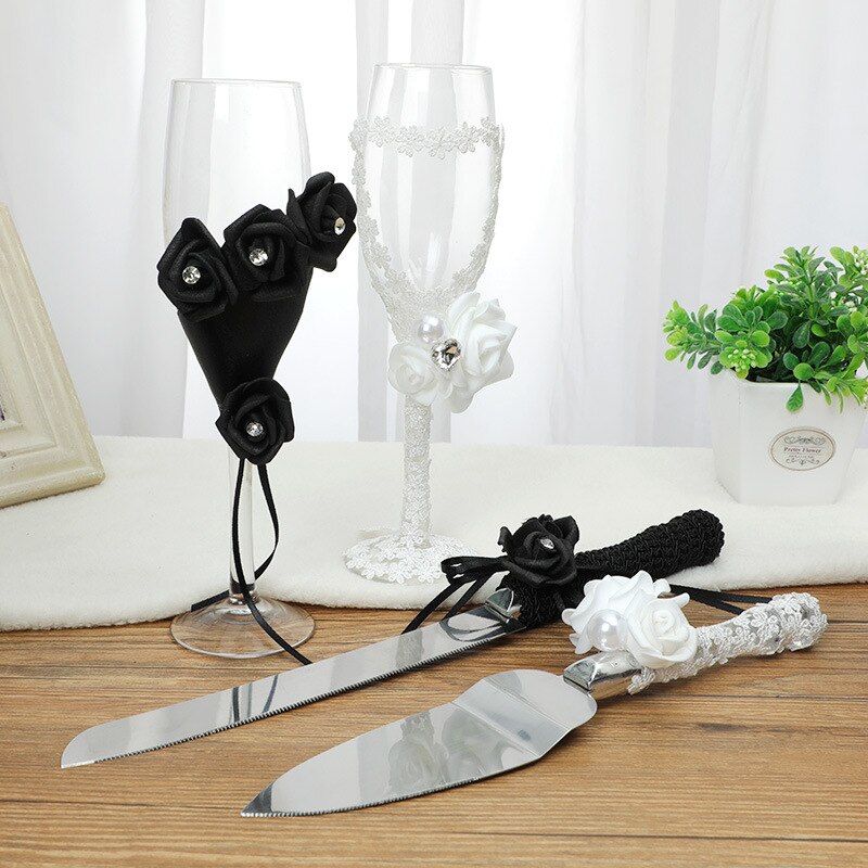 4Piece Wedding Supplies Cake Knife Toasting Flutes and Pie Cake Server Set Marrying Birthday Party Show Tool Bride And Groom Gif: 5C