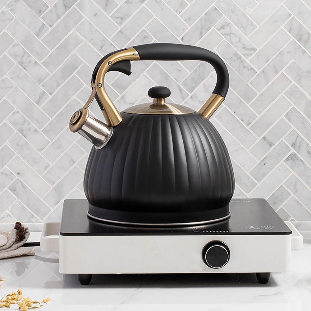 Bouilloire à thé en acier inoxydable, théière universelle en forme de citrouille noire, avec poignée résistante à la chaleur, pour toutes les cuisinières, 3,5 l