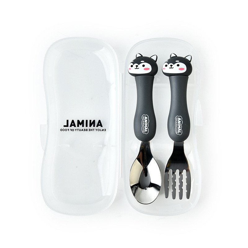 Baby Feeding Material Cartoon Cutlery Suit Student Stainless Steel Tableware Animal Fork Spoon Set Utensils Eating Gadgets: Dog