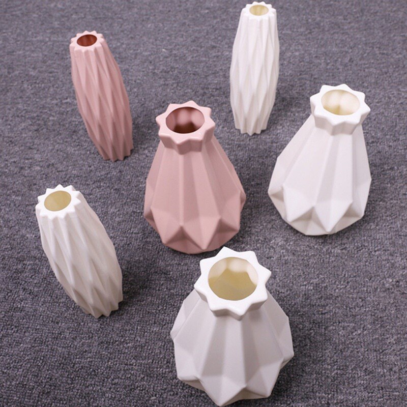 Florero de plástico Origami blanco rosa imitación cerámica florero cesta de flores arreglo contenedor decoración del hogar