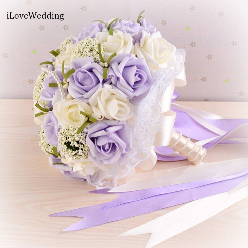 iLoveWedding Beautiful Purple Wedding Bouquet Handmade Bridal Flower Wedding Bouquets Artificial Pearls Flower Rose Bouquet