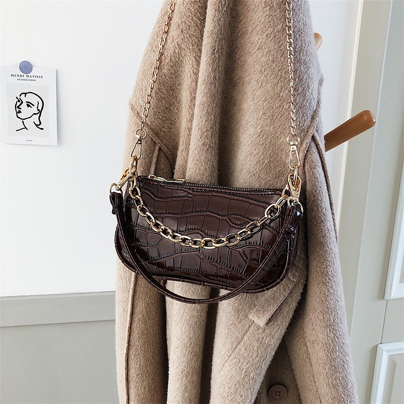Mini lille firkantet taske sommer pu læder håndtaske til kvinder krokodillemønster kæde skulder messenger tasker: Kaffe