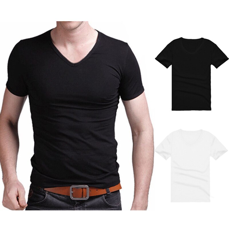 Herre sort hvid farve toppe tees sommer afslappet v-hals kortærmet t-shirt mænd trends fitness tshirt 2x