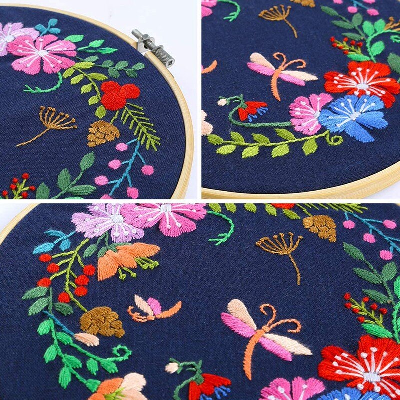 2 Sets Full Range of Embroidery Starter Kit Including Embroidery Clothes with Pattern Hoops, Color Threads and Tools
