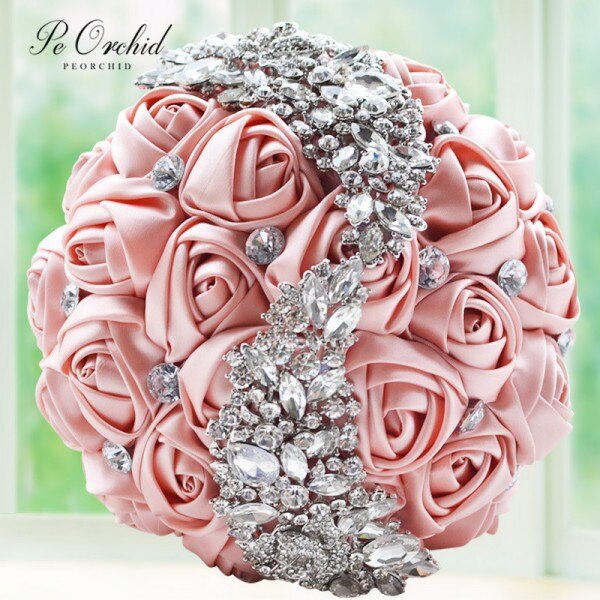PEORCHID De cristal rojo ramo De la boda Flores para novia Rosa De satén rosa/Borgoña De Ramos De Flores Novias diamante broche De ramillete nupcial: Tiffany Blue