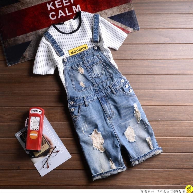 Male Denim Jumpsuit Short Blue Denim Overalls Men Distressed Ripped Shorts Suspender jean shorts Bermuda Masculina 031501