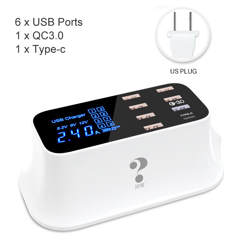 Goojodoq Quick Charge 3.0 40W 8-Port Usb Charger/Type C/Pd Charger Smart Led Display usb Snel Opladen Adapter Voor Telefoon Tablet