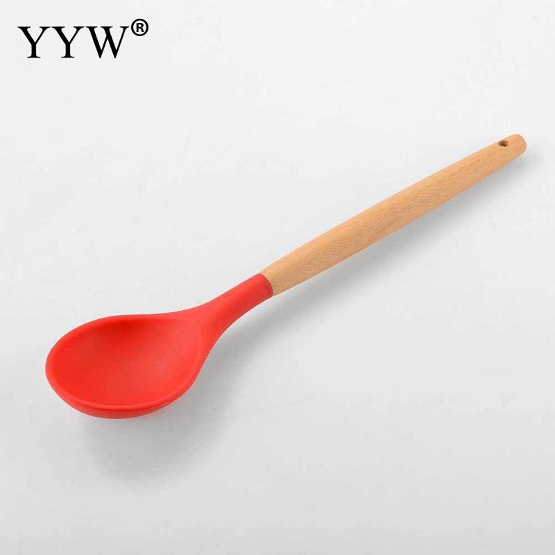 Silicone Kitchen Cooking Utensil Sets 12pcs Wooden Handle Red Kitchen Utensils Tools Non-Stick Spatula Shovel Cooking Tools Set: e