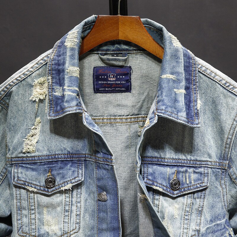 Denim Jackets Men Cowboy Slim Fit Bomber Jacket Men's Ripped Jean Jacket Hip Hop Streetwear Tops Jaqueta Jeans Masculina S-3XL