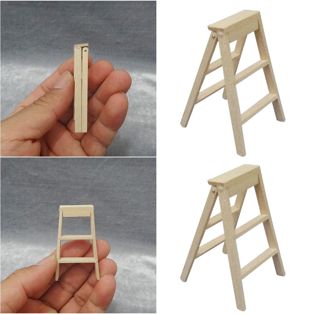 2PCS Mini Ladders Mini House Miniature Wooden Foldable Ladders for Kids Playing Doll House