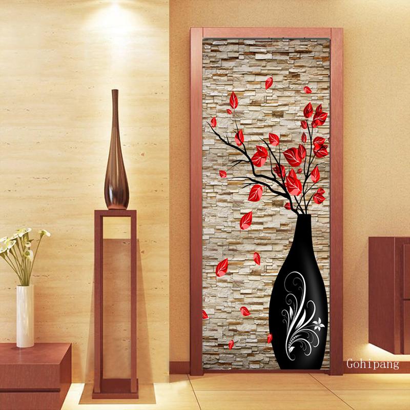 3D en relief Vase fleurs maison porte autocollant décoration Style chinois papier peint salon étude vinyle porte murale porte autocollant