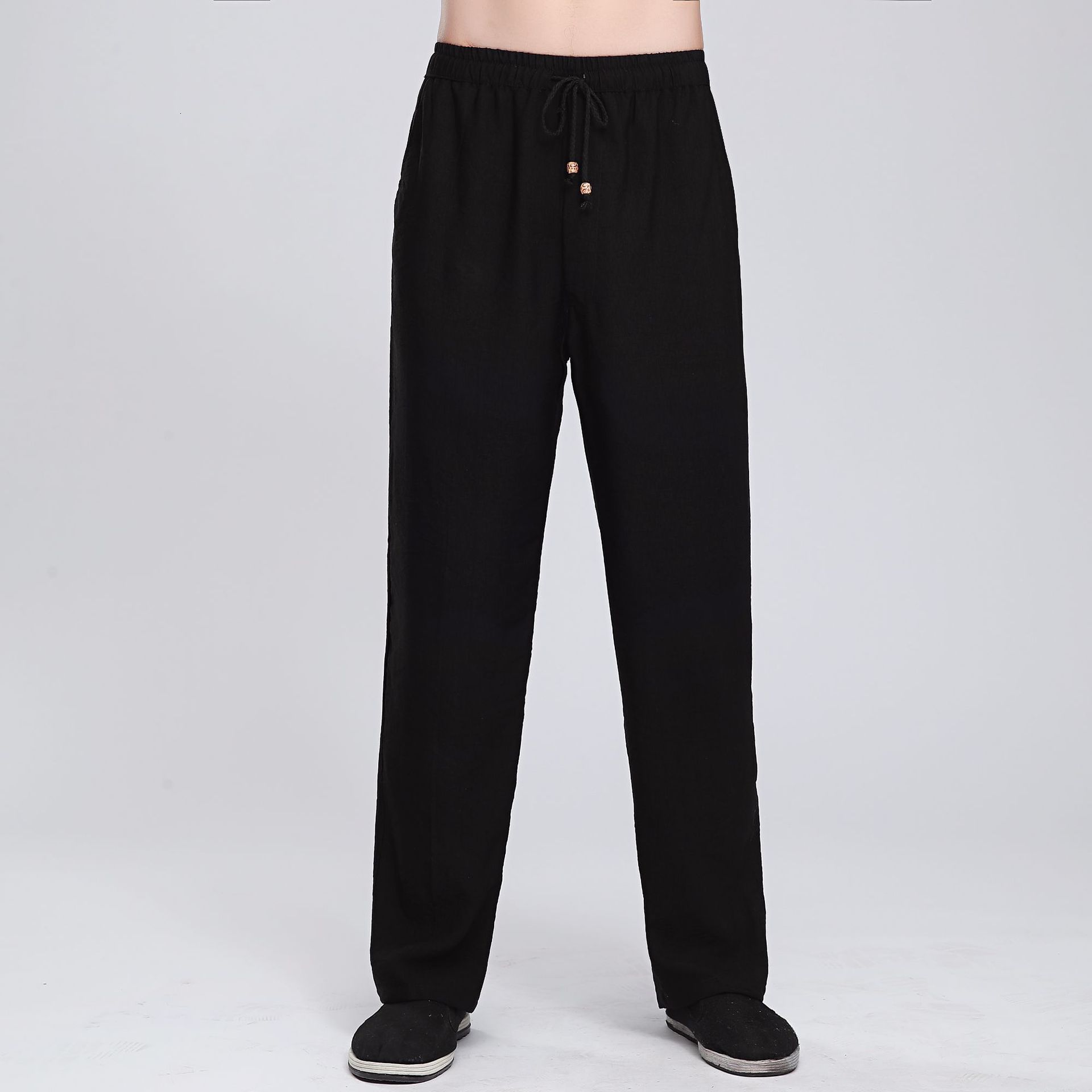 Homme bleu Beige noir chinois traditionnel coton lin pantalons décontractés Kung Fu pantalon Wu Shu Tai Chi pantalon grande taille XXL 3XL: Black  / XXL