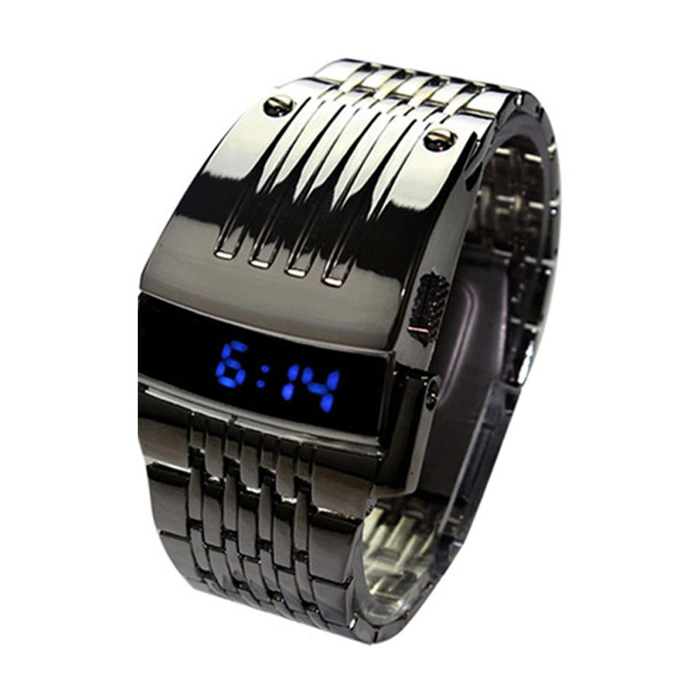 montre électronique affichage LED bleu large en acier inoxydable bande hommes numérique montre-bracelet