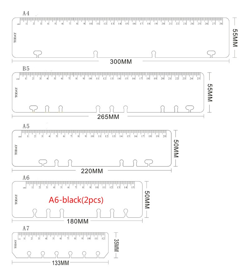 Regla de marcapáginas de hoja suelta, regla de bronce, regla recta A5/A6/A7/B5/A4, accesorios manuales, regla de escala de 2 colores: A6-black(2pcs)