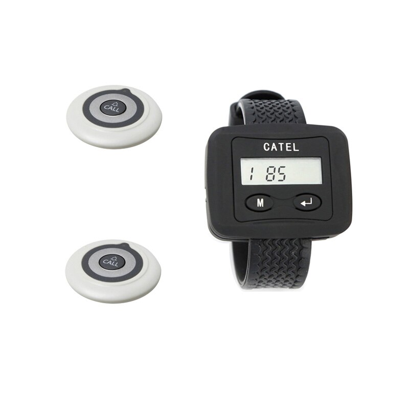 Wireless Calling System 1 Wrist Watches Receiver Black +2 Ultrathin Call Buttons Pager White Brown For Restaurant: white