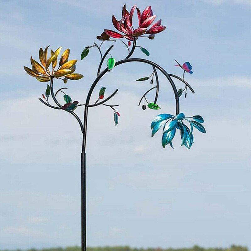 Grand moulin à vent rotatif en métal, avec papillon et trois fleurs, décoration de jardin