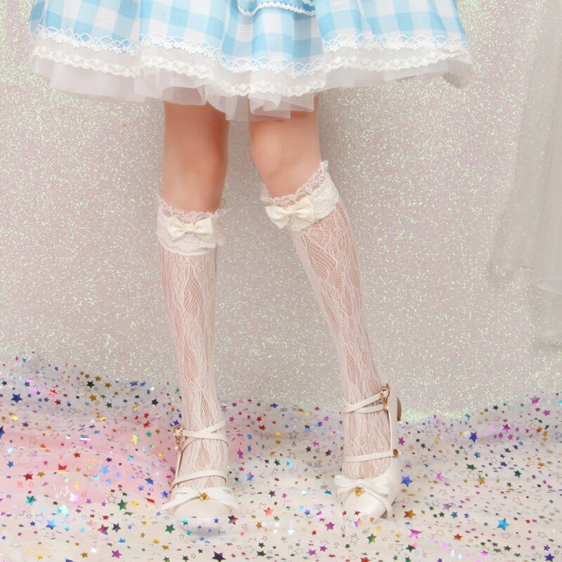 Japanse Stijl Lolita Boog Kant Hol Uit Dunne Schacht Opeenhoping Sokken Anime Jk Buis Sokken Lace-Up Korte sokken Vrouwen