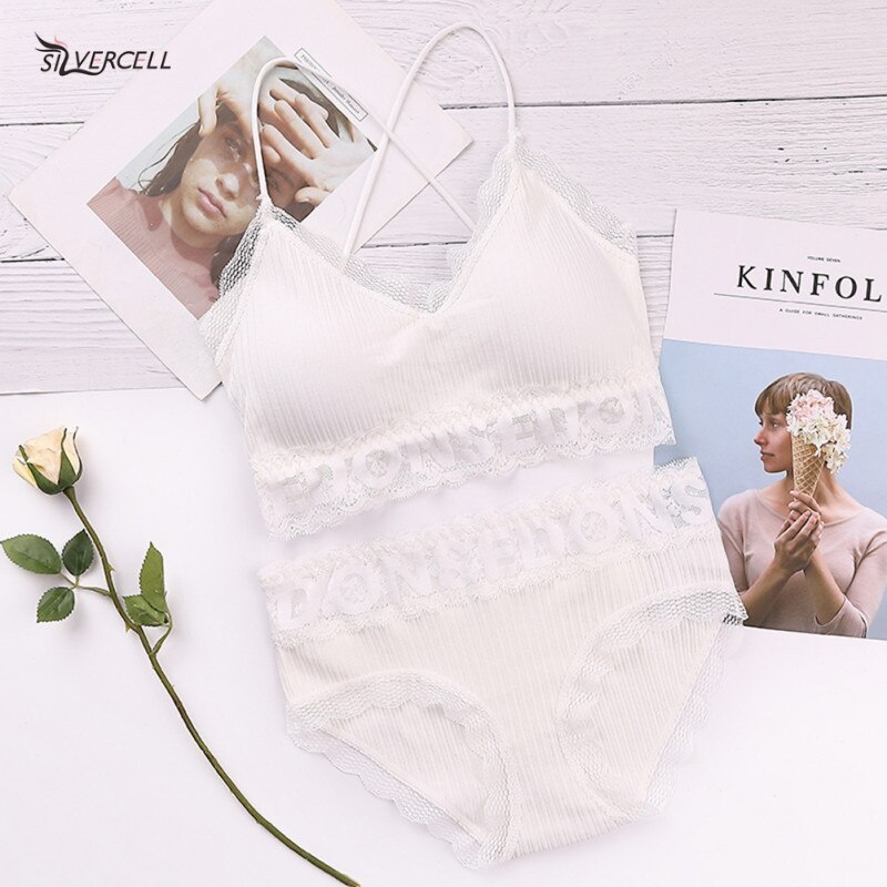 Ladies Thread Seamless Cotton Bra Set Candy Colors Beauty Back Tube Top Lace Wire Free Breathable Girl Suit Panties Lingerie Set: W