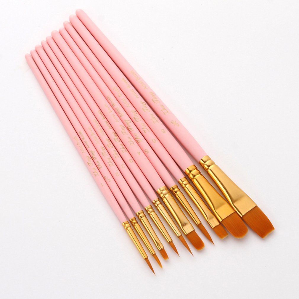 10 Stuks Nylon Kunstenaar Kwast Professionele Aquarel Acryl Houten Handvat Schilderij Borstels Kunst Levert Briefpapier