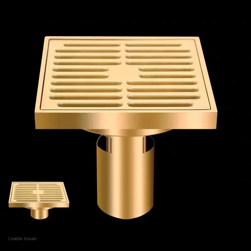 Desagüe de suelo dorado de 10x10cm, drenaje grueso de latón para prevención de olores, ducha, baño, balcón, lavadora, desagüe de suelo