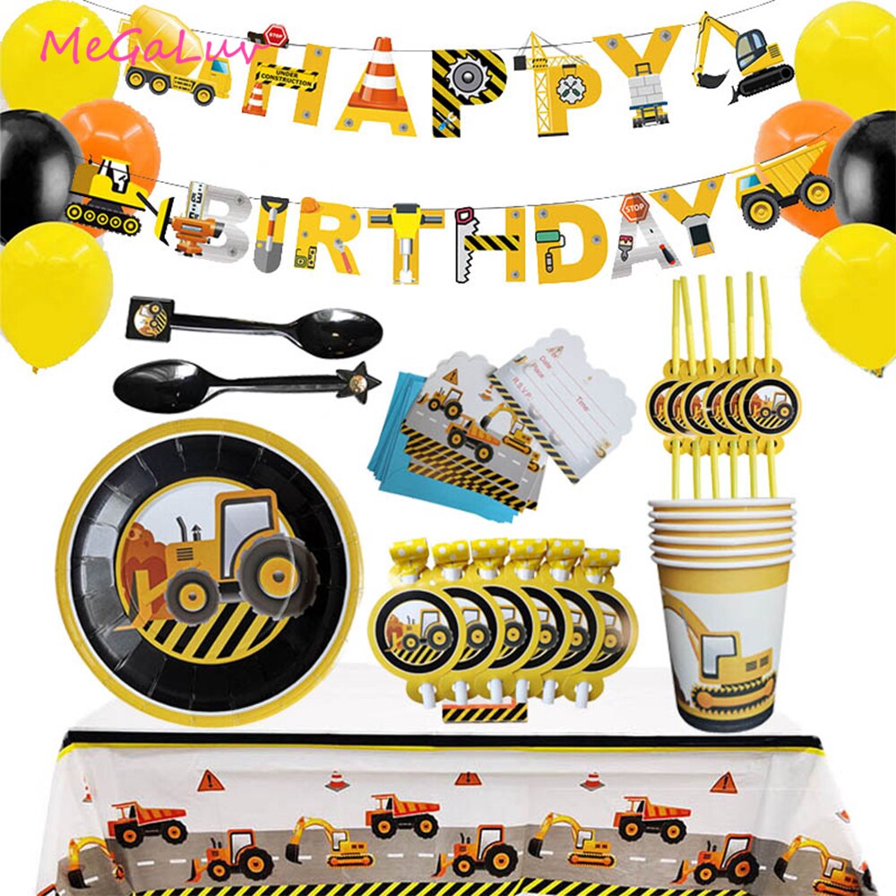 Bouw tractor verjaardagsfeestje servies vrachtwagen ballon voertuig banner tafelkleed servet taart topper bouwfeest decoratie