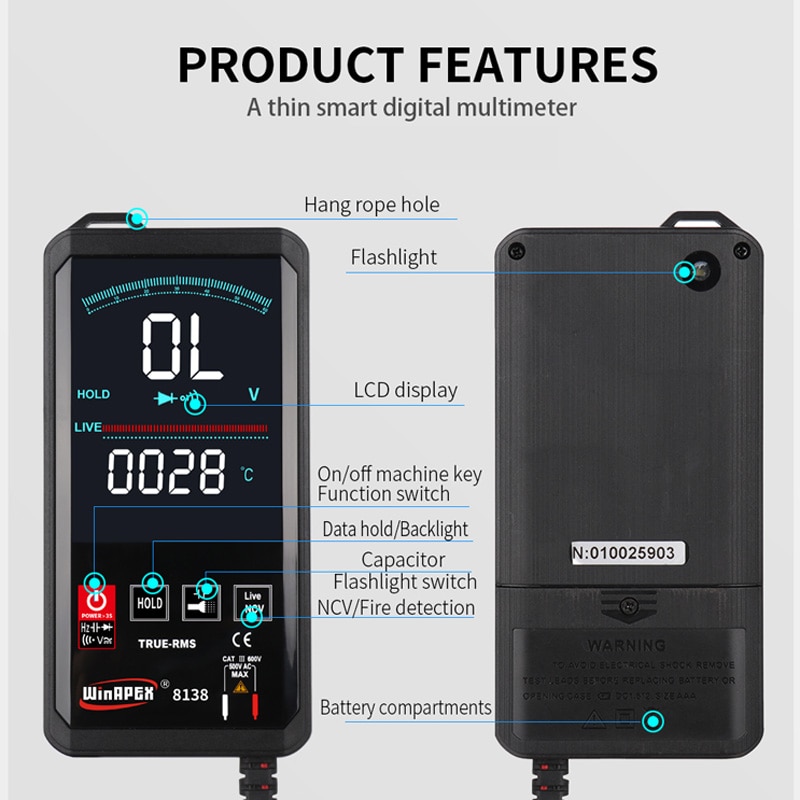 WinAPEX Digital Multimeter Smart Touch Screen DC Analog Bar True RMS Tester 6000 Counts Multimetro Transistor Capacitor NCV