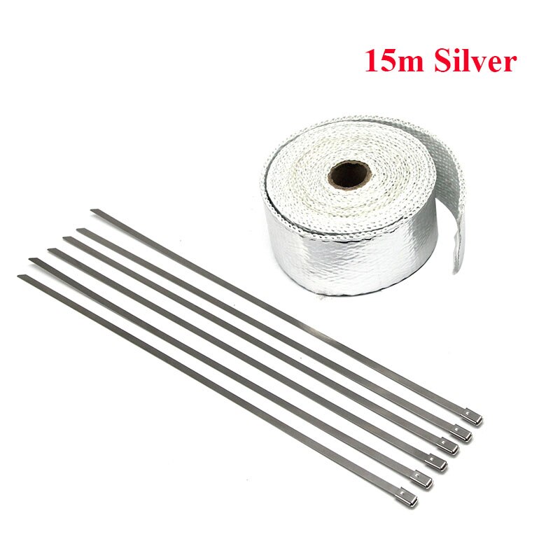 ZSDTRP 15m Titanium Temp Exhaust Heat Wrap 3 Colors Heater Resistant Downpipe Ties Car Motorcycle Tape Replacement: 50mm 15M Silver